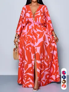 Elegant Casual Chic Women's Digital Plant Print Dress, Deep V Neck Batwing Sleeves, Split Thigh, Plus Size, All Seasons, Fashion Commuter Wear Womenswear