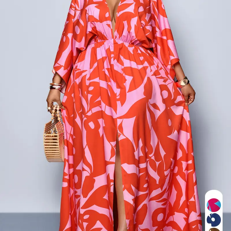 Elegant Women's Botanical Print Dress, Deep V-Neck Batwing Sleeves, Split Thigh, Plus Size, Commuter Style, Plant Printed Dress