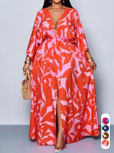 Elegant Casual Women's Digital Plant Print Dress, Deep V Neck Batwing Sleeves, Split Thigh, Plus Size, All Seasons, Fashion Commuter Wear