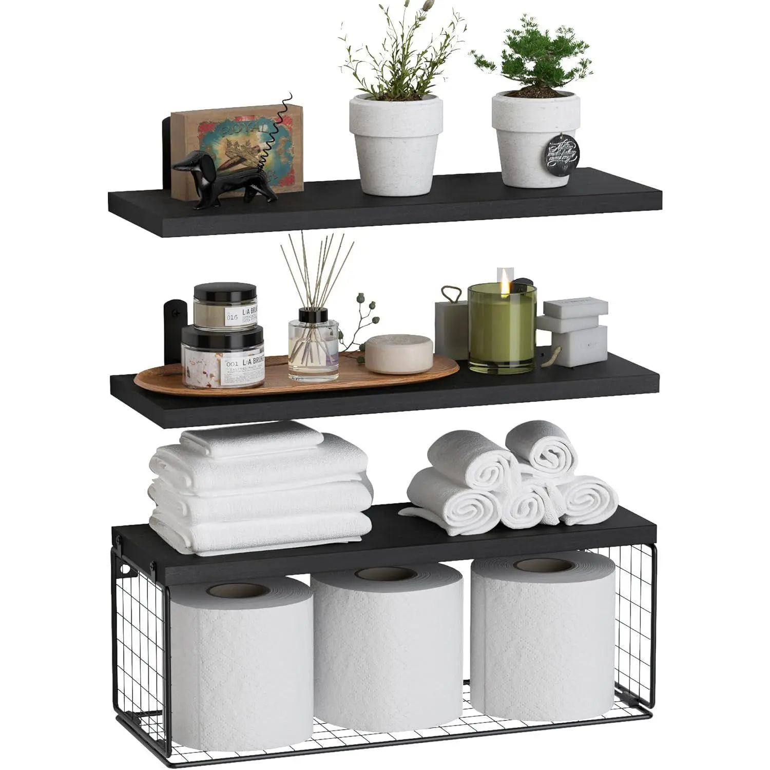 Bathroom Shelf Over Toilet, Floating Bathroom Shelf Wall Mounted with Wire Basket, Floating Shelf for Wall Décor