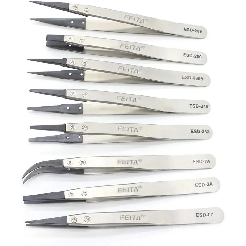 FEITA Precision Antistatic ESD Industrial Tweezers Set - 8-Piece Stainless Steel with Replaceable Anti-Static Carbon Fiber Tips, Replaceable Tips for Clean Room Works, Hospitals, Jewelry-Making, Quality Guaranteed Hand Tool