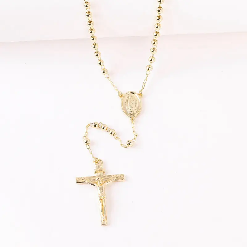 14K Gold Plated Rosary Necklace with Cross Pendant – 20” + 2” Extension