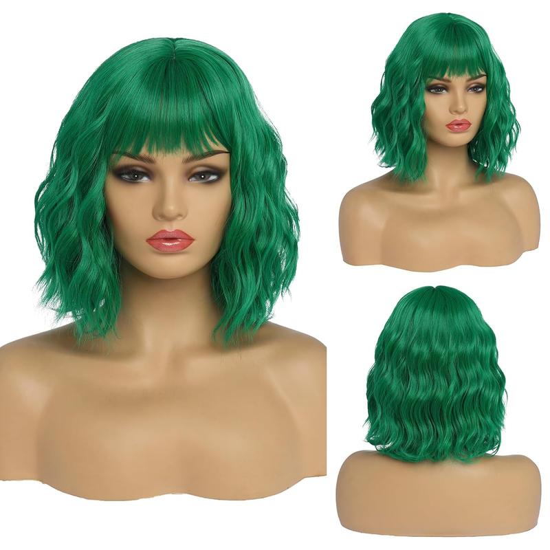BESTUNG Short Green Wigs for Women Green Wavy Bob Wig with Bangs Medium Length Synthetic Hair Water Wave Dark Roots Wig Gray Colorful Wigs（12inch）