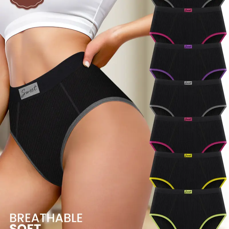 7-Pack MEIYATING Breathable Women's Underwear, Everyday Soft Comfort, Fit, Multi-Color Waistband, Seamless Design, Fashion Contrast, Panties, Breathable Stretch Panties, Seamless Knitting Knicker, Casual Panties