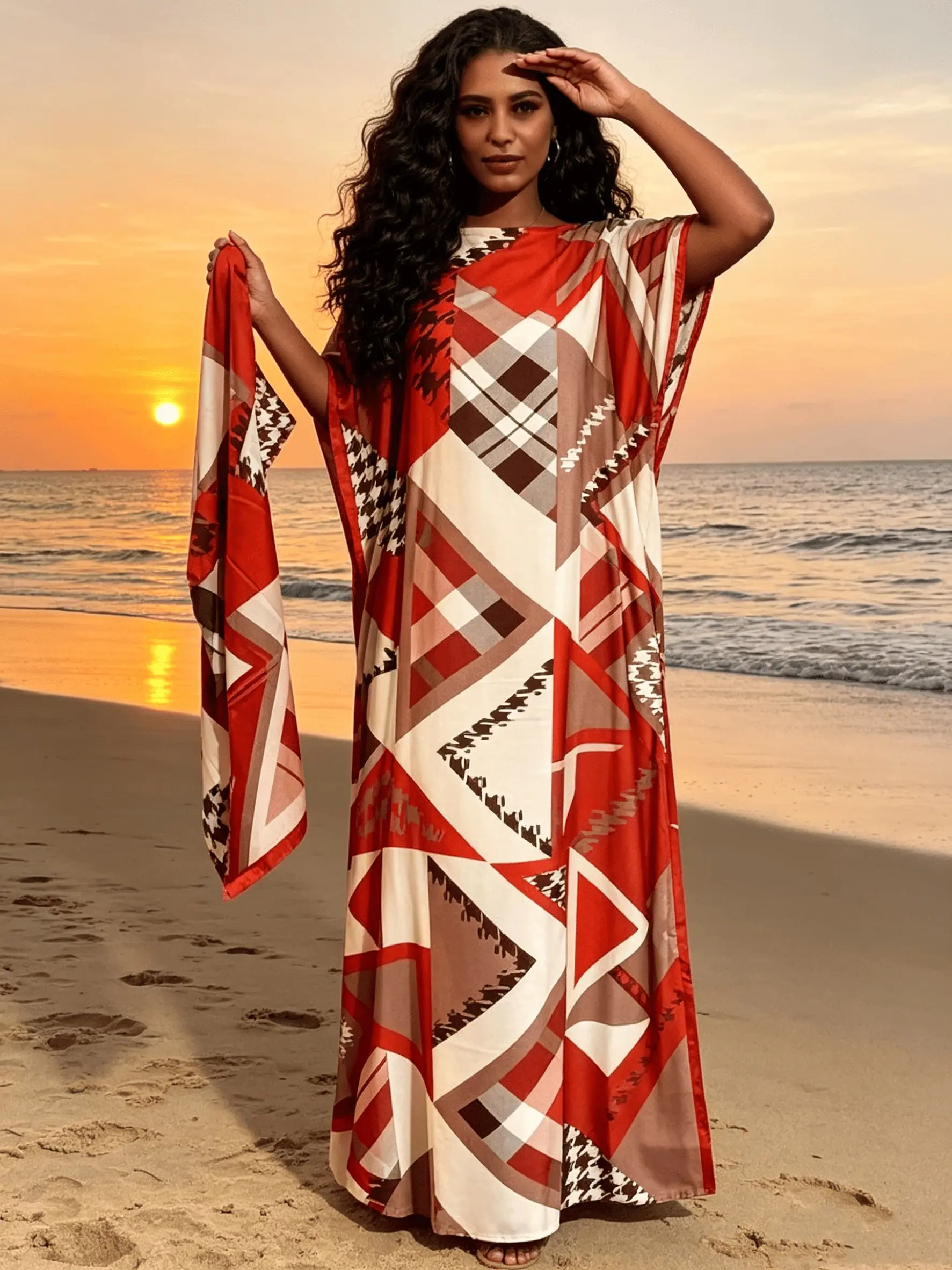 2026 New Women's 2 Piece Red & Beige Geometric Print Kaftan Maxi Dress with Matching Scarf, Silky Boho Casual Loose Modest Pleated Bohemian Beach Robe, Plus Size Friendly, Beach Cover Up, Resort Vacation & Evening Party Wear