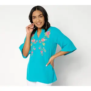 Belle Beach by Kim Gravel Cotton Gauze Boho Blooms Embroidered Top