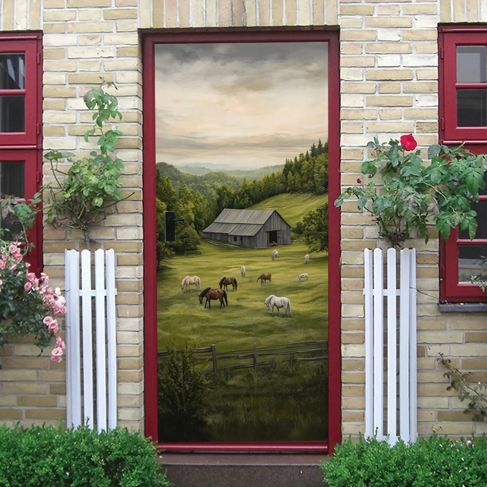 2pcs American Countryside Farm Landscape Wall Stickers Warm Pastoral Animal Decorative Decals Self Adhesive Removable Eco Friendly Material for Living Room Bedroom Home Wall Decoration