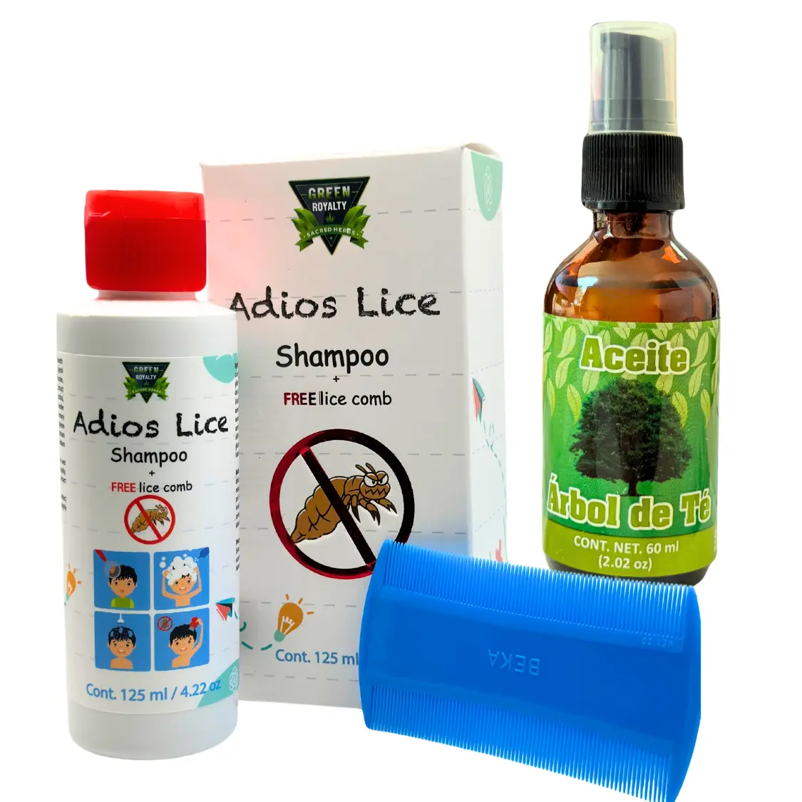 Green Royalty Lice Treatment, 3-Piece Antibacterial Haircare Set with Tea Tree Oil - Scalp Revitalizing Formula with Shampoo (125ml), Treatment (60ml) & Bonus Component (100ml) for Youth, Scalp Revitalizing Solution
