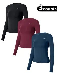 Women's Letter Print Thumb Hole Design Sports Tee, Quick Drying Breathable Round Neck Long Sleeve T-shirt for Gym Workout Running, Ladies Sportswear for All Seasons, Gym Tees