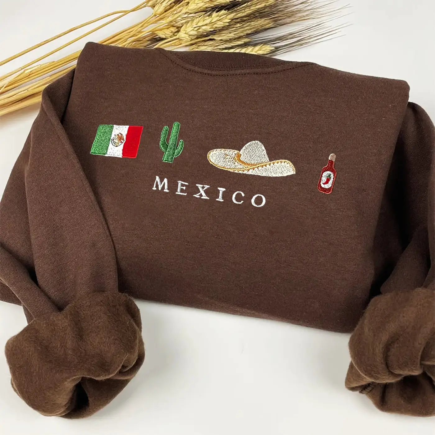 Mexico Embroidered Sweatshirt, Black, Beige, Crewneck, Flag, Sombrero Mariachi, Hot Chili Pepper, Cactus
