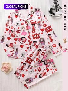 Women's Cartoon Girl Sleepwear Set, Loose Lightweight Button-Up Long Sleeve Top and Pants, Elegant All over Print Nightwear
