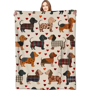 Dachshund Love Blanket Cute Weiner Dog Cream Throw Blankets,Gifts for Kids Adult Woman Men,Lightweight Soft Fleece,Plaid Coat Heart Design,for Sofa Couch Bed Room Modern Artistic Decor