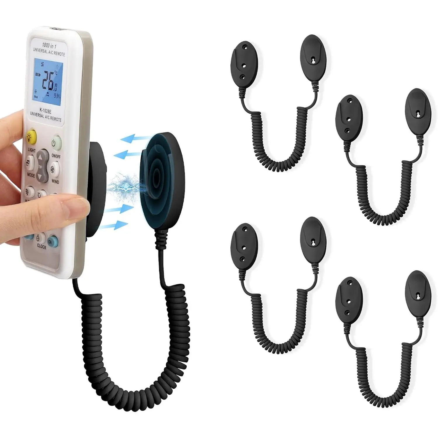 4-Pack  Remote Control Holders with Spring Ropes - Safely Secure Remotes & Small Items, Wall-Mount with Adhesive, Anti-Loss, Rapid Adsorption, Extendable Spring (Black 43 inch, 4 Pack)