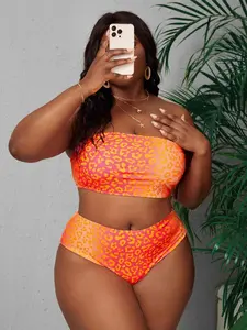 Swim Vcay Slayr Summer Beach Plus Size Leopard Print Bandeau Bikini Set