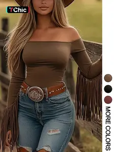 Women's Long Sleeve Knit T-Shirt Fit, One Shoulder Design with Fringe Detail, Perfect for Spring Outdoor Activities & Casual Wear, Knitwear, Tops