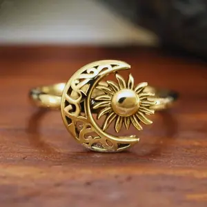 18k gold plated ring decorated with classic minimalist sun and moon, suitable for wedding, party, holiday and women's daily wear