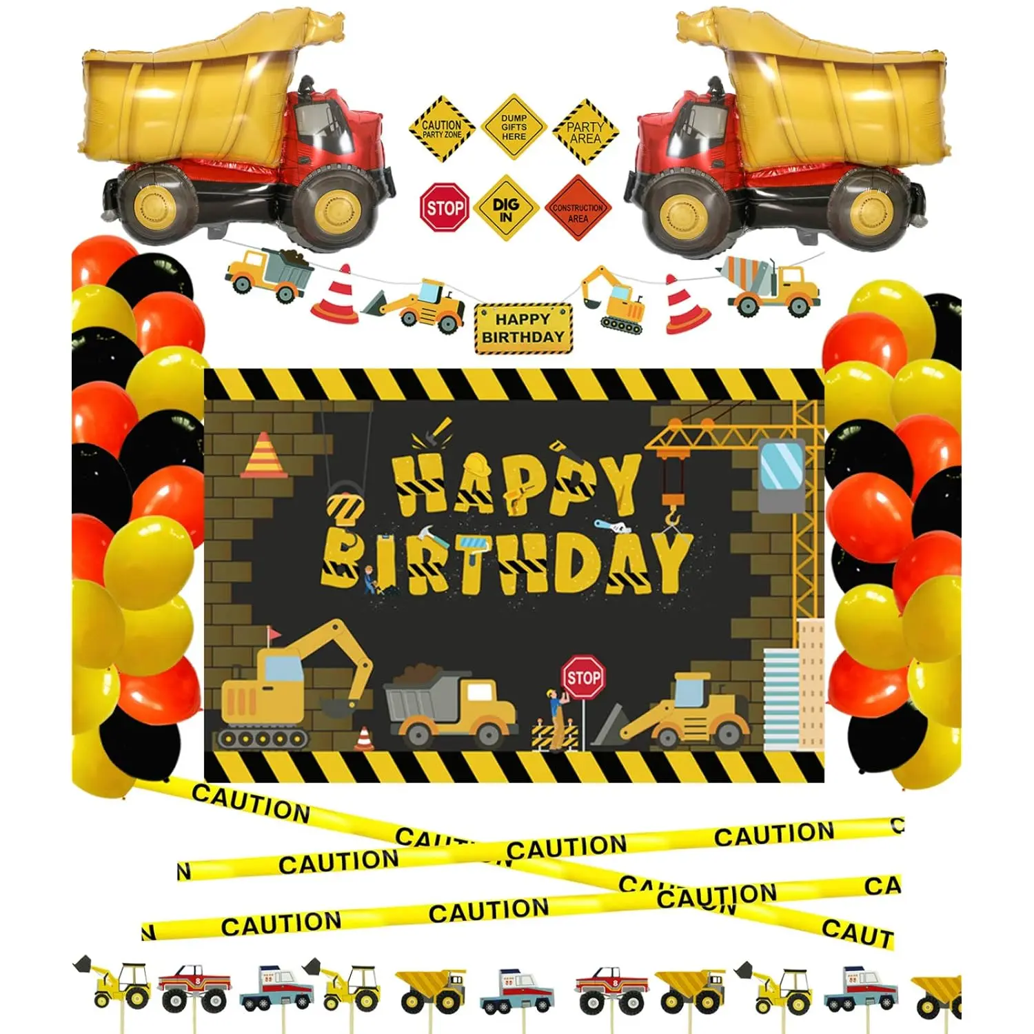 Construction Birthday Party Kit, Dump Truck Balloons, Garland, Backdrop & Traffic Signs Set