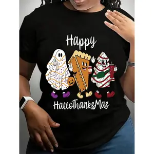 Happy HalloThanksMas Shirt Women's Black Cotton Casual Short Sleeve Round Neck Tee for Holiday Season Halloween Thanksgiving Christmas