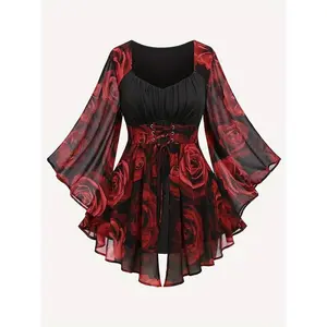 Plus Size Halloween Themed Rose Patchwork Print Asymmetrical Hem Lace Up Chiffon Top, Elegant Ruched Flounce Sleeve Top for Vacation Holiday Party, Women's Plus Clothing for Fall