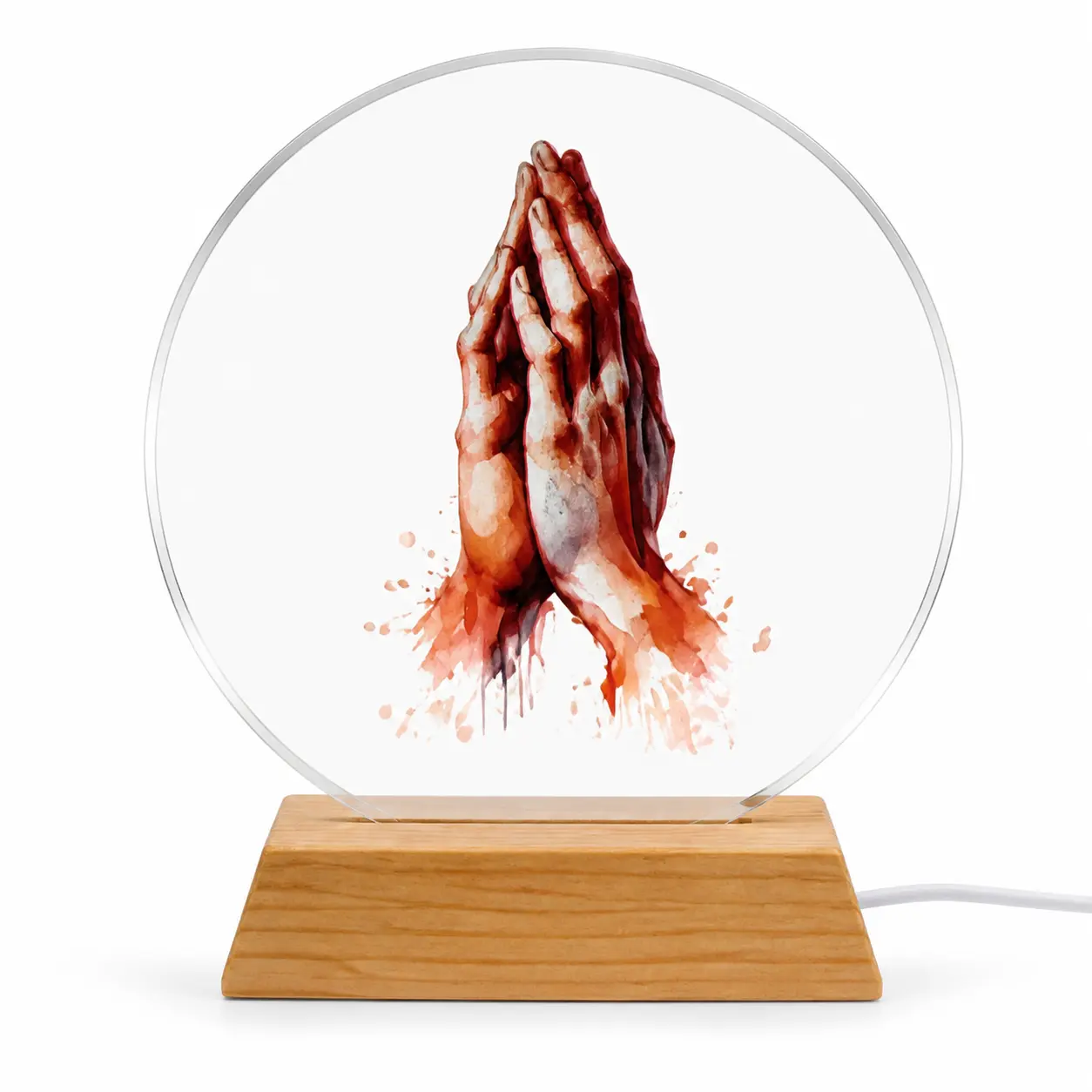 Praying Hands Glass Night Light with Faux Wood Base, Warm Glow Christian Home Decor, Religious Faith Gift for Women, Mom, Grandma, Bedroom & Prayer Room
