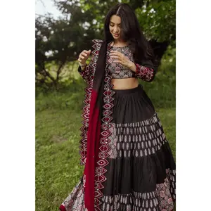 Riza Black and Red Flared Tiered Lehenga Choli Set