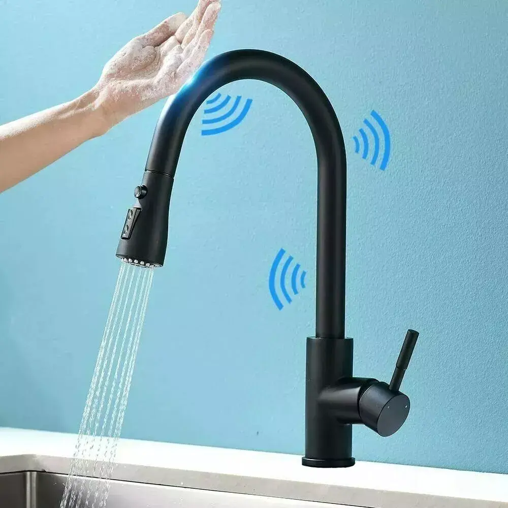 Touch Kitchen Faucet, Kitchen Sink Faucet, Smart Kitchen Faucet Touch-On Activated, Single Hole Kitchen Faucet with 2 Function Pull Down Sprayer, Matte Black