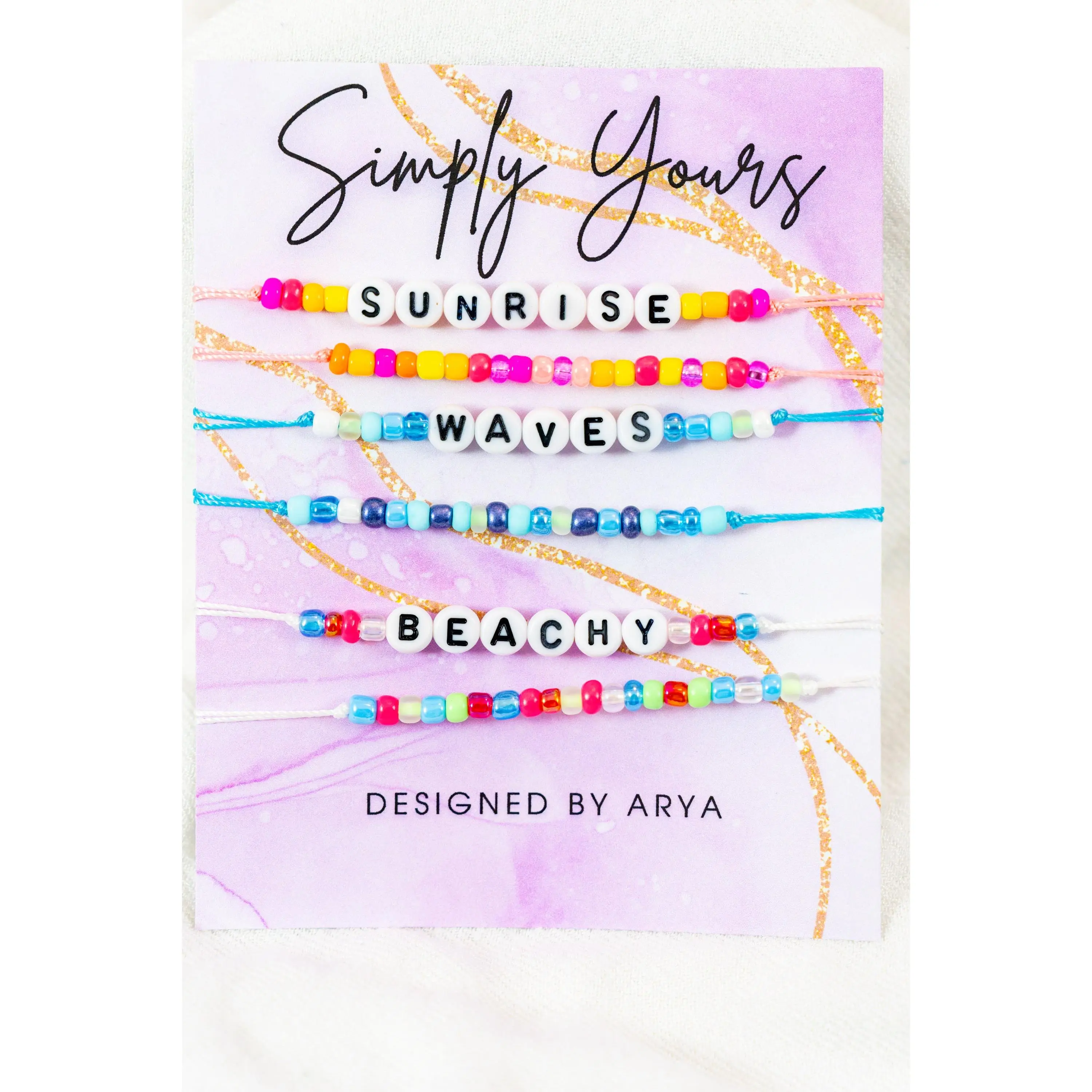 Arya-Designed Unisex Stackable Beaded Bracelet Set - Adjustable Cotton Thread Beach Wear Costume Jewelry with Beaded Words