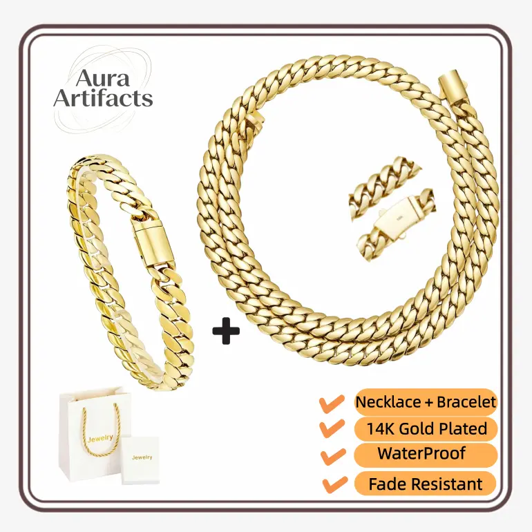 8mm 14K Gold Plated Miami Cuban Link Chain Set for Men Women, Stainless Steel Tarnish Free Necklace & Bracelet Bundle, Hip Hop Luxury Jewelry, Italy Mexico Style Inspired, Gift for Friend