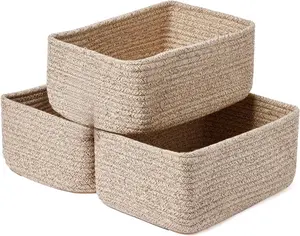 Small Storage Baskets for Organizing | Closet Organizer Bins | Shelf Toy Basket | Woven Rope Baskets | Cube Decorative Box | Shallow Basket | 11.5x7.5x4.7” | 3 Packs Mixed Brown