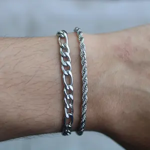 Silver 5mm Figaro Link & 3mm Rope Bracelet Set