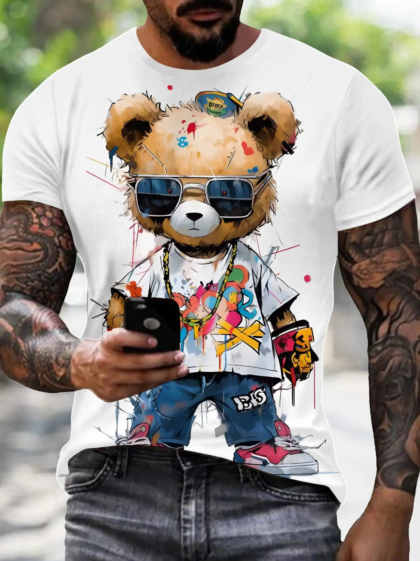 Men's Graffiti Sunglasses Teddy Bear Print T-Shirt, Streetwear Casual Short Sleeve Fitted Tee, Tops, Comfortable Daily Wear, Ideal Gift Choice