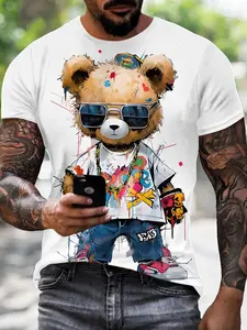 Men's Graffiti Sunglasses Teddy Bear Print T-Shirt, Casual Short Sleeve Fitted Tee, Comfortable Daily Wear, Ideal Gift Choice