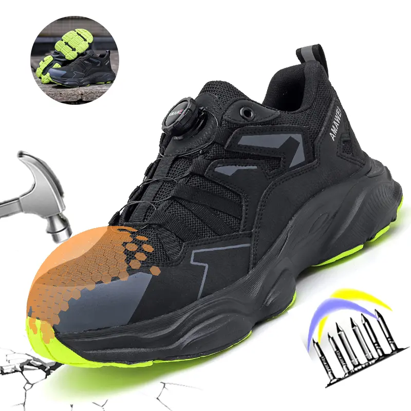 Men's Steel Toe Work Safety Shoes - Lightweight Breathable Mesh Sneakers with Rotary Buckle, Anti-Slip Outsole for Warehouses, Construction, Steel Toe Footwear, Minimalist, Fabric, Boot, Athletic, Outdoors, Fashion, Industry, Precision Grip, All Seasons,,