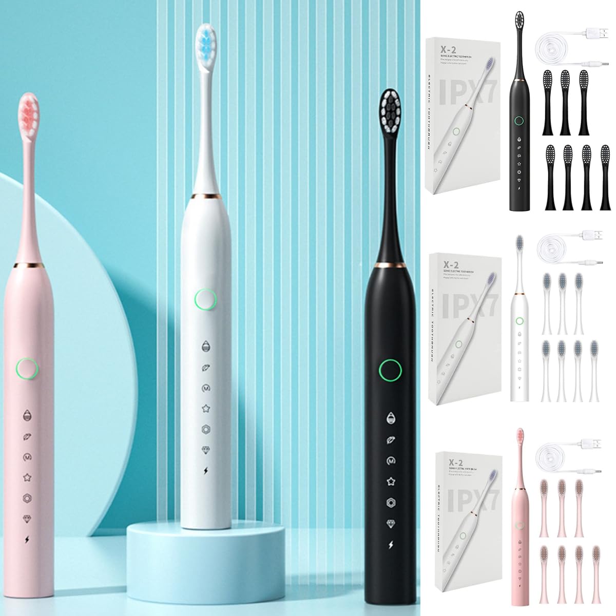 Adult Rechargeable Sonic Electric Toothbrush - 8 Brush Heads, 6 Cleaning Modes, IPX7 Waterproof
