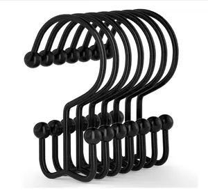 Curtain Hooks, 12 Pcs Shower Curtain Rings, Durable Rust Proof Black Shower Curtain Hooks, Shower Rings for Curtain, Double Glide Shower Hooks for Shower Curtain Rods, Black