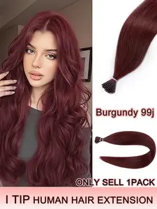 50pcs Pack Burgundy I TIP Human Hair Extensions with Invisible Design, Human Hair Pieces, 30g Each, Real Hair Can Be Styled and Dyed, Reusable and Damage-Free