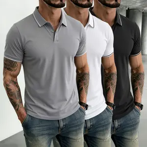 Men's 3-Pack Short-Sleeve Polo Shirts, Gray + White + Black Striped Collar & Sleeves, Lightweight Breathable, Casual Versatile, Easy to Match, Sports-Ready Menswear Tops, Shortsleeve,summervibes