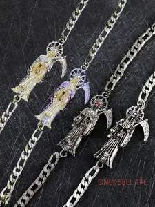 Cuban Bracelet with Santamuerte Tadeo Design, Unisex Polished Finish, Fashionable Daily Wear Accessory, Stylish Men's & Women's Jewelry, Gothic Witch Jewelry