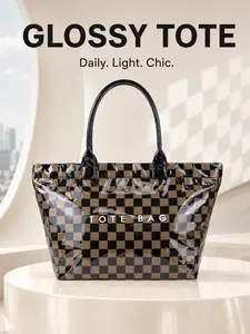 1pc Glossy Checkerboard Tote Bag, Large Capacity Lightweight Shoulder Bag, Waterproof Casual Shopping Tote for Travel, Work, School & Daily Use, Stylish Unisex Carryall Bag for Gifts and Everyday Essentials