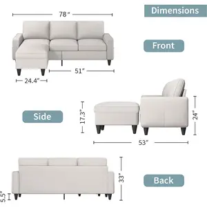 Convertible Sectional Sofa Couch L-Shaped Couch with Storage Ottoman, Beige Couches for Living Room, 3-Seat Sectional Sofas for Living Room/Bedroom/Office/Small Space
