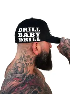 TheDriveClothing USA Drill Baby Drill Flexfit Cotton Hat – Black Fitted Cap with White Print, Structured 6 Panel Mid Profile Stretch Fit Hat, Premium Streetwear Headwear