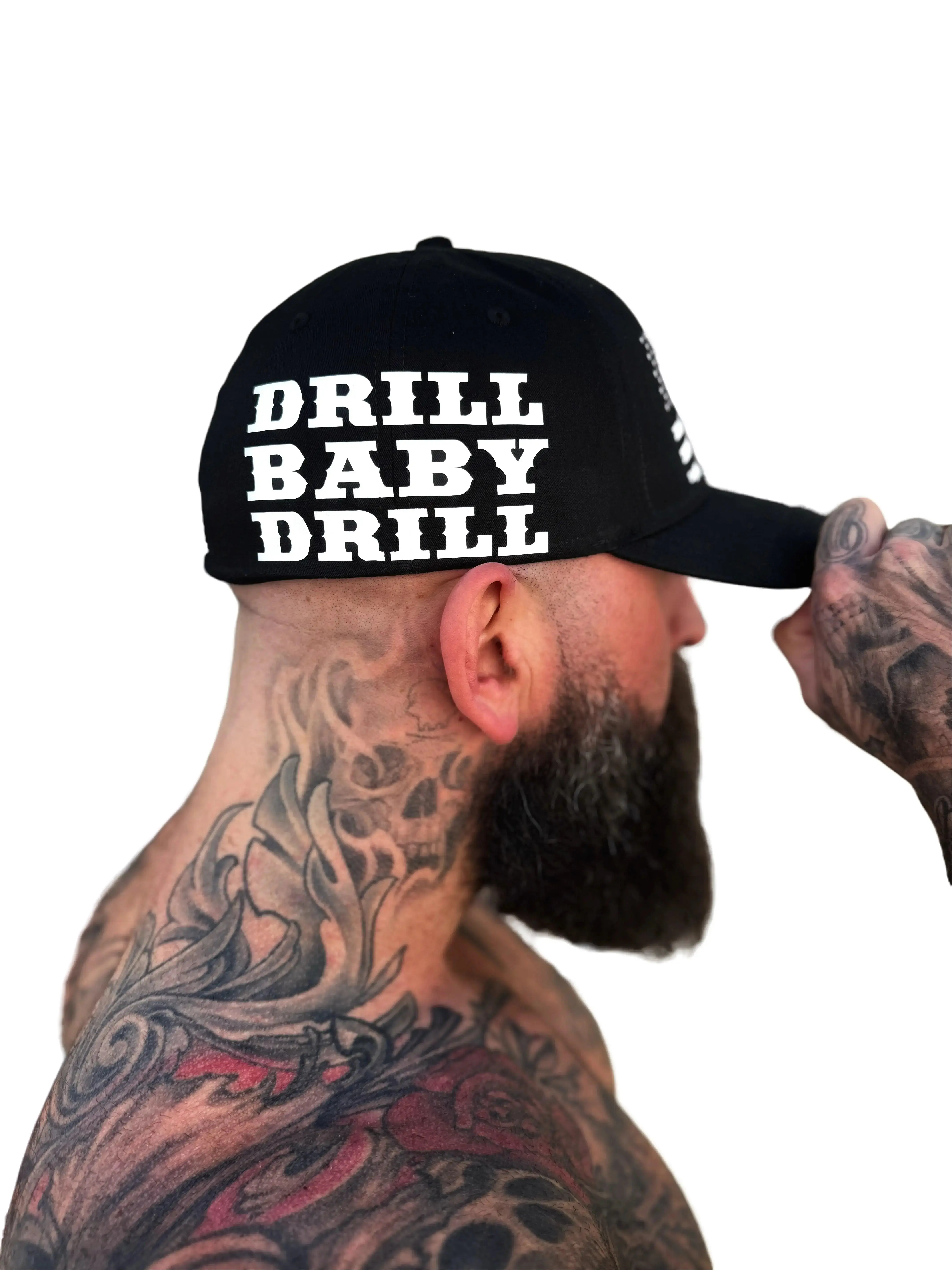 TheDriveClothing USA Drill Baby Drill Flexfit Cotton Hat – Black Fitted Cap with White Print, Structured 6 Panel Mid Profile Stretch Fit Hat, Premium Streetwear Headwear
