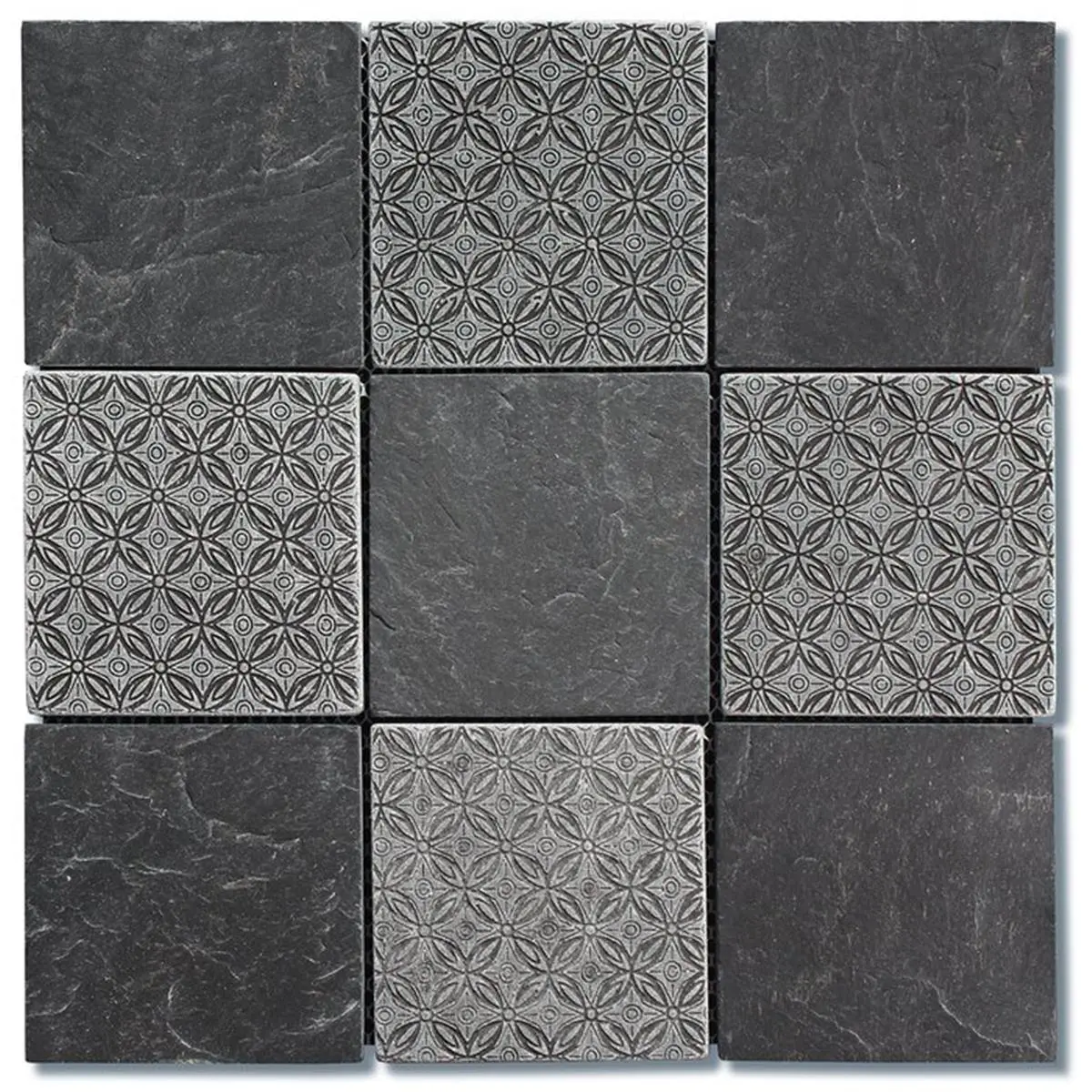 Intrend 4x4 in. Square Natural Stone Mosaic Tile - Decorative Grid Classic Deco Blend, Black Slate with All-Weather & Safety Protective Properties (Water, Frost, Slip, Mildew Resistant), Water Resistant, Residential Use, Mesh Backed, Slip Proof