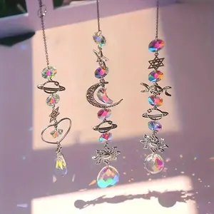 1/3pcs Unique Crystal Moon & Sun Wind Chime with Diamond Prism Pendant - Vibrant Rainbow Dream Catcher for Home and Garden Deco