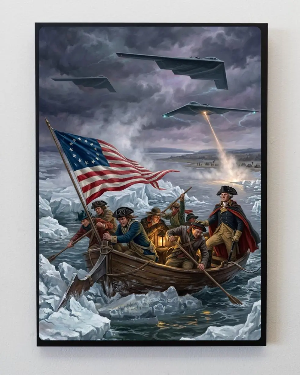 George Washington Crossing the Delaware Poster with B-2 Stealth Bombers – Patriotic American Revolution Art – Modern Military Fusion Wall Decor