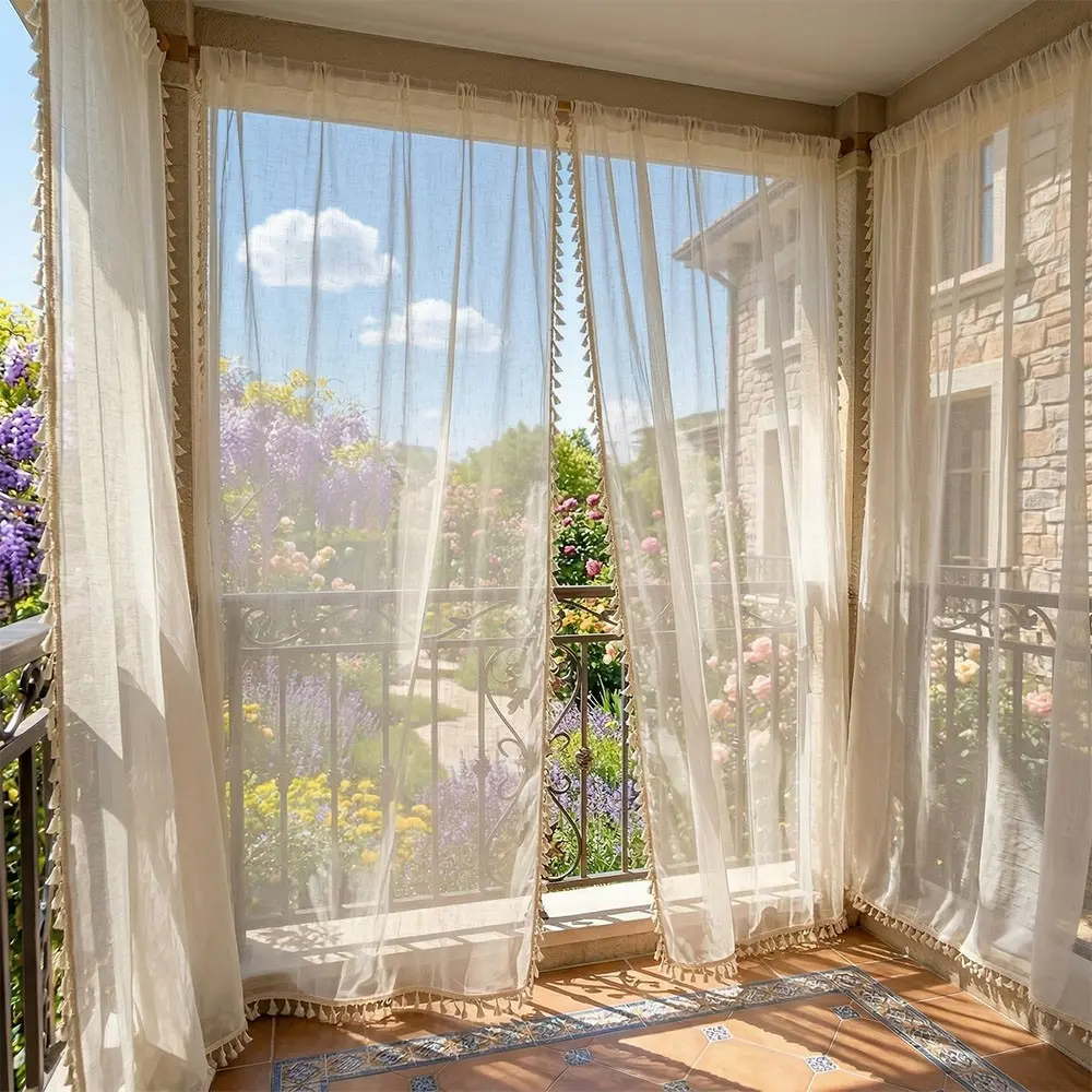Vintage Rustic Country Style Drapes, Boho Courtyard Awning Curtains, Outside Curtains, Linen-Like Material, Lightweight, Breathable, High Value