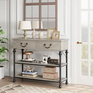 39" Retro Grey Farmhouse Entryway Console Table, Narrow Sofa Table with 2 Drawers & Storage Shelves, Versitable Accent Table for Living Room, Hallway, Entrance & Foyer