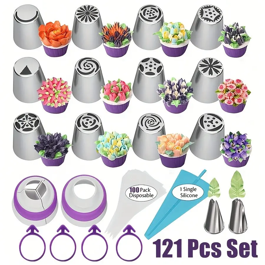 121-Piece Russian Piping Tips Set, Includes 12 Flower Tips, 2 Leaf Tips, 2 Connectors, 100 Bags, Cake Decorating Tools, Baking Supplies, Pastry Decorating Tools, Cookie Decorating Tools, Piping Bags And Tips, Baking Accessories, Cake Decoration Supplies