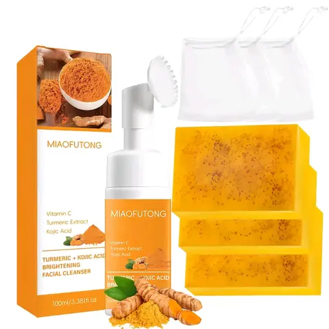 Adults' 2-Piece Daily Turmeric Skincare Multi-Pack - Gentle Cleanser, Quick Cleansing Mousse, Turmeric Water, Face Soap, Kojic Soap, Lemon Facial Wash for All Skin Types, Daily Skincare Gift Set