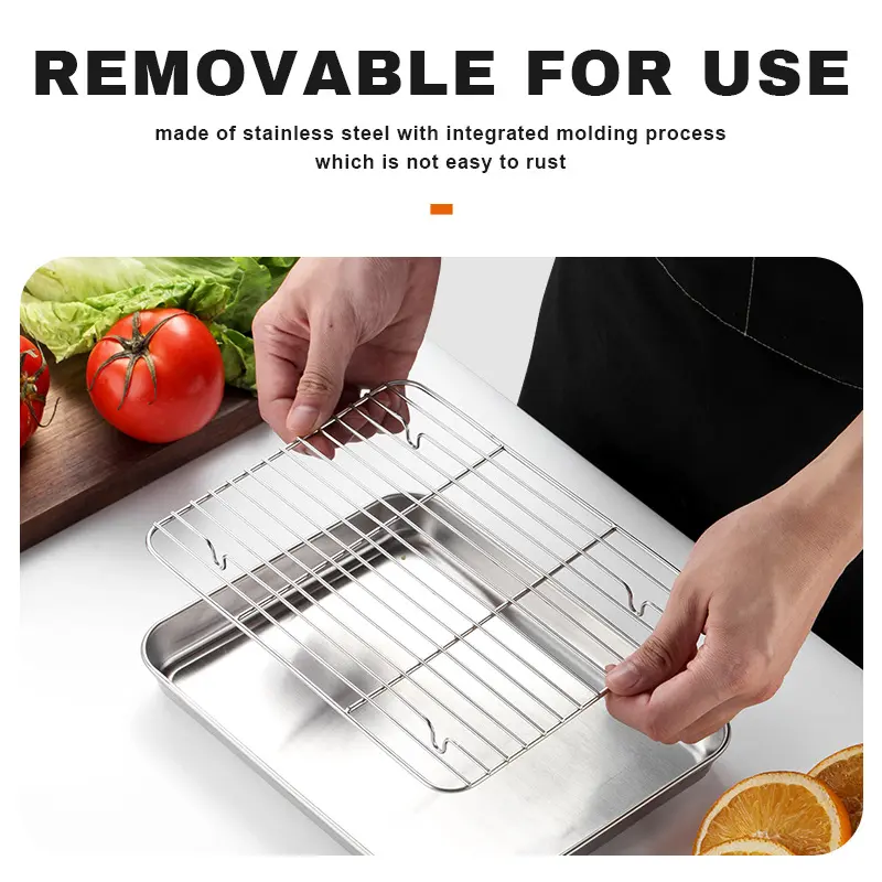 Baking tray with rack set (1 pan+1 rack), stainless steel cookie slices with cooling rack, non stick baking tray, anti warping, durable, rust proof